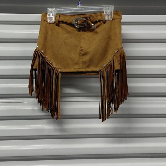 Womens Fringe Skirt Size Small Brown Faux Suede Coastal Cowgirl Western Mini Y2K - Picture 2 of 9